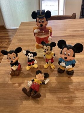 6 Vintage Mickey Mouse Disney Collectible Figures Old Banks, Soap dispenser Etc.